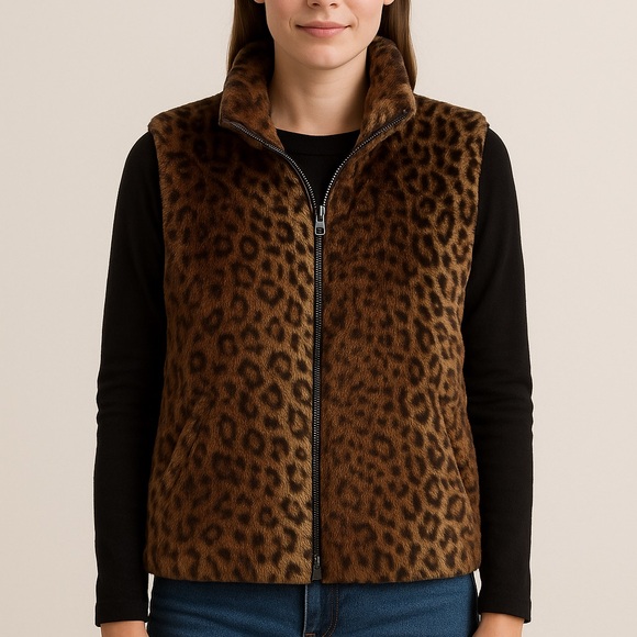 Vintage Y2K Leopard Print Faux Fur Vest – Cejlon Zip Up Animal Print Fuzzy Vest - Picture 2 of 9
